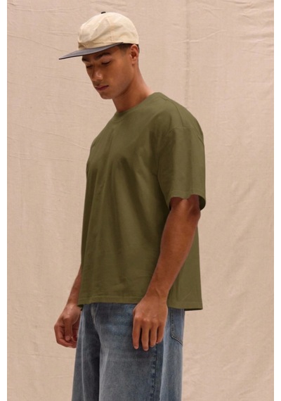 Erkek %100 Organik Pamuklu Kalın Dokulu Comfort Fit Bisiklet Yakalı T-shirt Haki