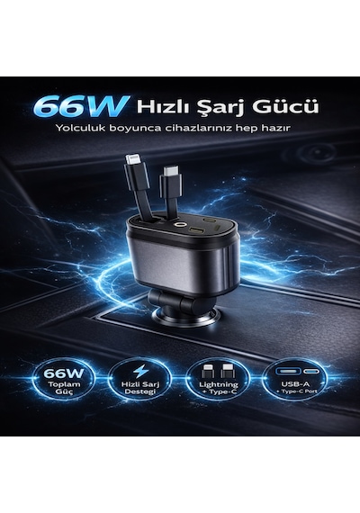 66w Hızlı Araç Şarj Cihazı 4 Ü 1 Arada Geri Çekilebilir Kablolu Type-c Lightning Usb Araç İçi Şarj Adaptörü 12v-24v