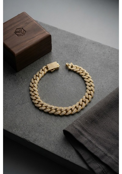 Cuban Zincir Model Zirkon Taşlı Gold Renk Erkek Bileklik Altın