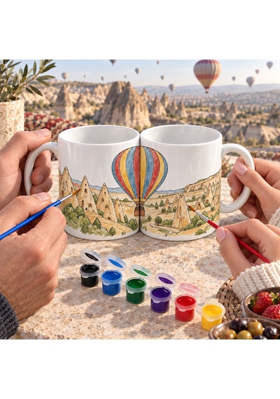 Kişiye Özel Çift Kişilik Boyama Kupa Seti Birlikte Boya, Anı Biriktir Kapadokya Tasarım Almera Craft Beyaz - Beyaz