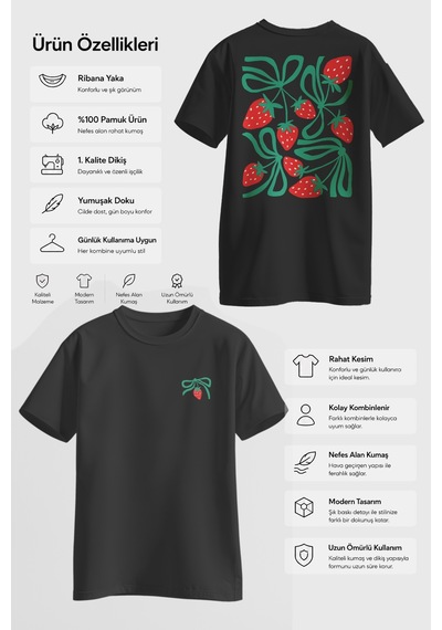 Spoyi Strawberry Bow Tasarımlı %100 Pamuk Yarım Oversize Siyah T-shirt