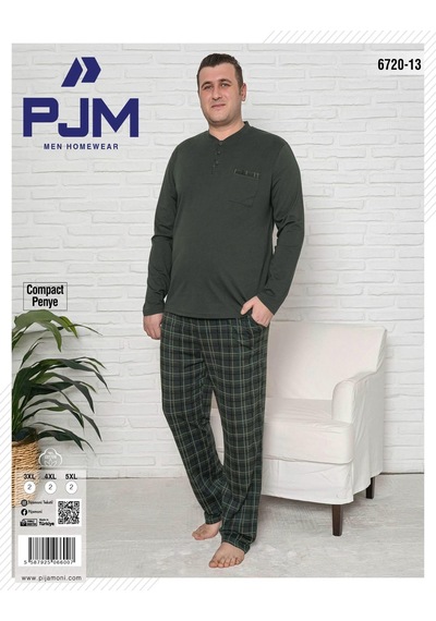 Pijamoni Erkek Battal Düğme Yaka Penye Uzun Kol Pijama Takımı 6720/13 - 1 Adet Haki
