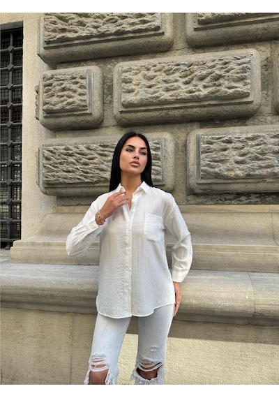 WeShaya Beyaz Oversize Kırışık %100 Polyester Gömlek Beyaz