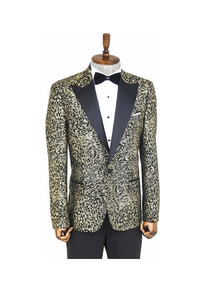 Wessi Tüy Desenli Slim Fit Erkek Smokin Ceket - Siyah