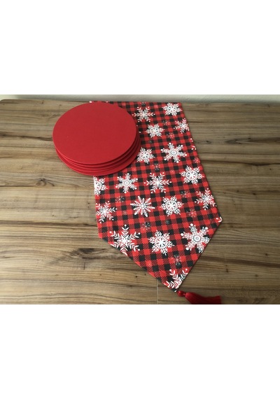 Yılbaşı Kar Tanesi Desenli Runner & Supla Kırmızı