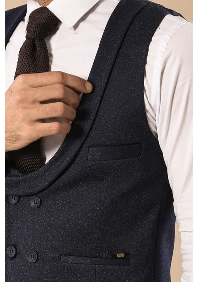 Desenli Kruvaze Koyu Lacivert Erkek Yelek Pantolon Set - Wessi
