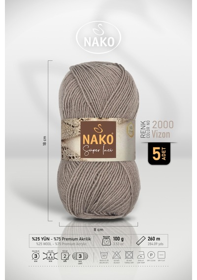 Süper İnci - 2000 Vizon - 5'li Paket - 100gr/260m - El Örgü İpi - Atkı Yelek Kazak İpi