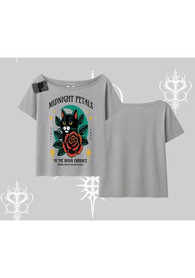 Tarzsokak Midnight Petals Kedi Baskılı Kayık Yaka Tshirt Gri
