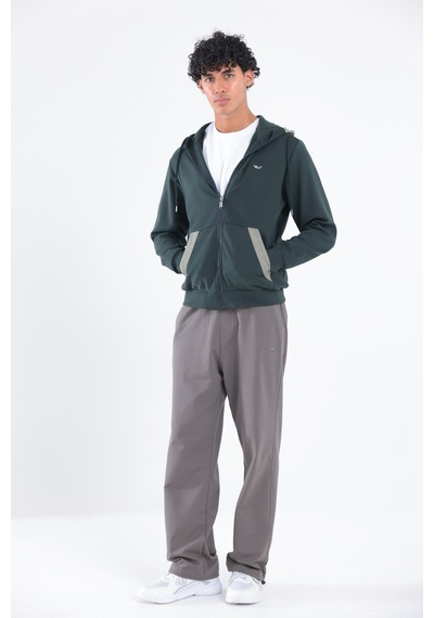 Rowinger Modal Kumaş Kapüşonlu Fermuarlı Kontrast Detaylı Erkek Sweatshirt Darkgreen