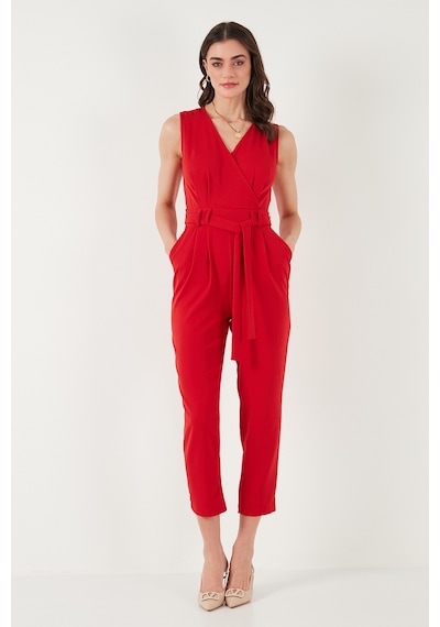 Lela Slim Fit Düz Paça Kruvaze Yaka Kemerli Bayan Tulum 6783626 Kırmızı