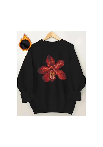 Herkesemoda Kırmızı Orkide Baskı Detaylı Bisiklet Yaka Sweatshirt Siyah