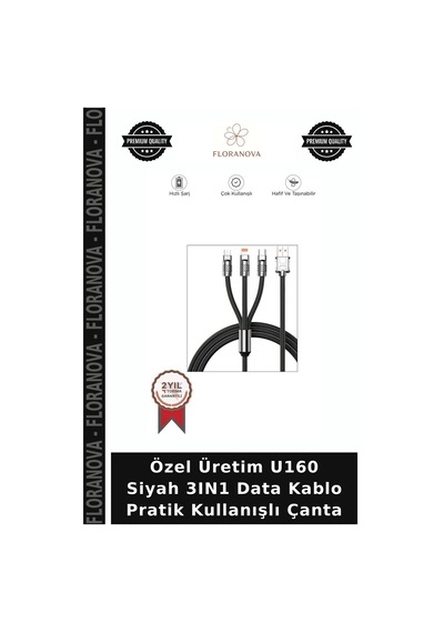 Özel Üretim U160 Siyah 3ın1 Data Kablo Pratik Kullanışlı Çanta