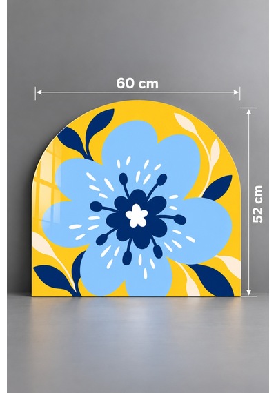 Gökçeoğlu Cam Ocak Arkası Koruyucu Cam Koruyucu Tezgah Ankastre Arkası Oval Şekilli Sarı Mavi Çiçek Temalı 52 X 60 Çok Renkli