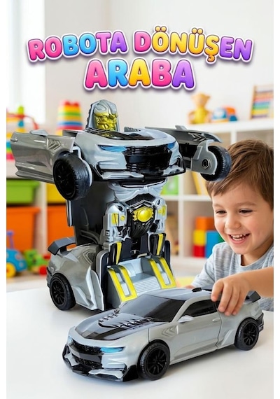 2'si 1 Arada Robota Dönüşen Spor Araba - Gri Yarış Arabası Otomatik Dönüşüm Özellikli Oyuncak Robot Çok Renkli
