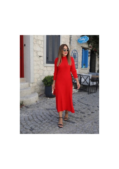 Butik İstanbul Kadın Uzun Kollu Yarı Balıkçı Yaka Arkadan Pencere Detaylı Bağcıklı Midi Triko Elbise Kırmızı Butik İstanbul Kadın Uzun Kollu Yarı Balıkçı Yaka Arkadan Pencere Detaylı Bağcıklı Midi Triko Elbise Kırmızı