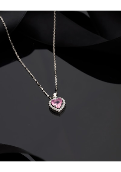 925 Ayar Pembe Taşlı Rodyum Pırlanta Görünümlü Kalp Gümüş Kolye Rn10308 Gümüş