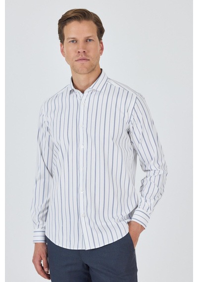 İmza Uzun Kol Çizgili Desen Bez Ayağı İtalyan Yaka Cepsiz Esnek Classic Slim Fit Gömlek 1004250203 Beyaz