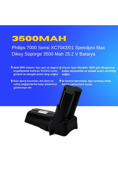 Philips 7000 Serisi Xc7043/01 Speedpro Max Dikey Süpürge 3500 Mah 25.2 V Batarya  Uyumlu Uzun Ömürlü, Maksimum Performans Pil