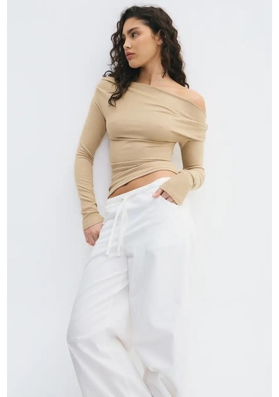 Madmext Bej Kadın Off Shoulder Uzun Kollu Bluz Mg2567 Bej