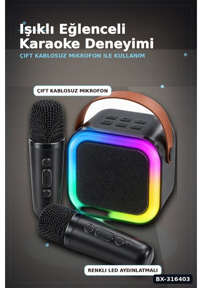 Karaoke Ses Sistemi 2 Kablosuz Mikrofonlu Bluetooth Hoparlör Led Işıklı Bx-316403
