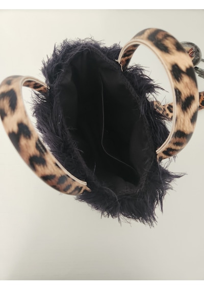 Fikriharika Design Gucci Model, Leopar Desenli, Siyah Tüylü, Kadın El Çantası Siyah