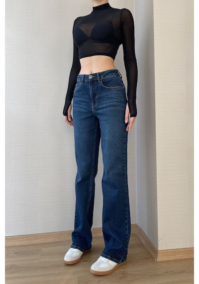 Koyu Mavi Kadın Wide Leg Jean Yüksek Bel Likralı Esnek Kot Pantolon Jessica-kymavi 001