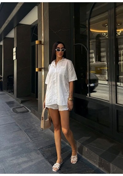 Nido Moda Kadın Oversize Fisto Gömlek Ve Beli Lastikli Şort İkili Takım Beyaz