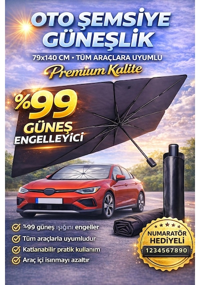 79x14 Cm Oto Şemsiye Güneşlik Tüm Araçlara Uyumlu Ön Cam Güneşlik Numaratör li