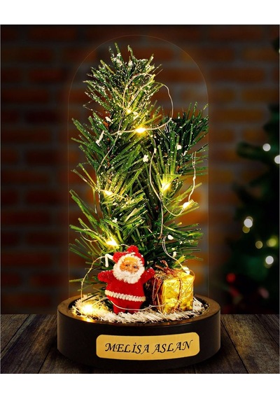 İsime Kişiye Özel Yeni Yıl Ruhunu Yansıtan Led Işıklı Fanus Yılbaşı Dekoru Noel Baba Çam Ağacı Figür