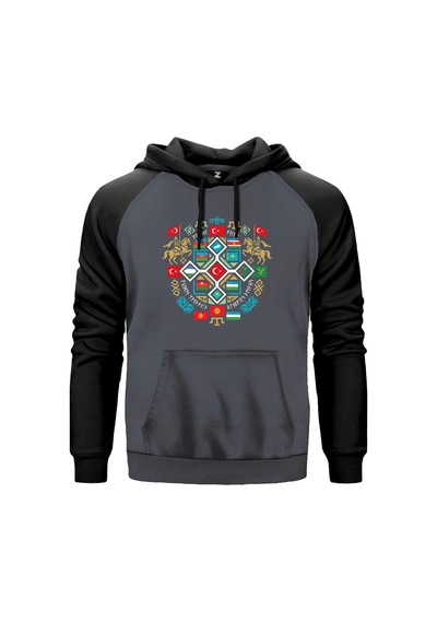 Kırmızı Renk Mozaik Mandala Türk Motifli Bozkurt Baskılı Renkli Reglan Kol Sweatshirt Kapşonlu