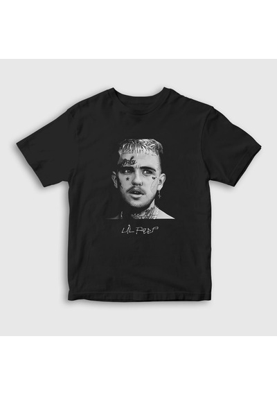 Presmono Unisex Çocuk Portrait Lil Peep T-shirt Siyah