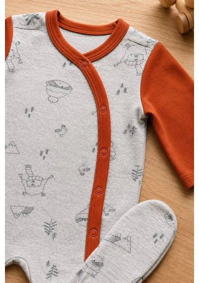 Ferasty İstanbul Unisex Bebek Tulum Rakun Desenli Gri Turuncu