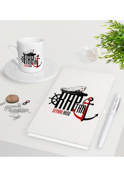 Kişiye Özel Kaptan Beyaz Defter Kalem Türk Kahvesi Fincanı Seti-2