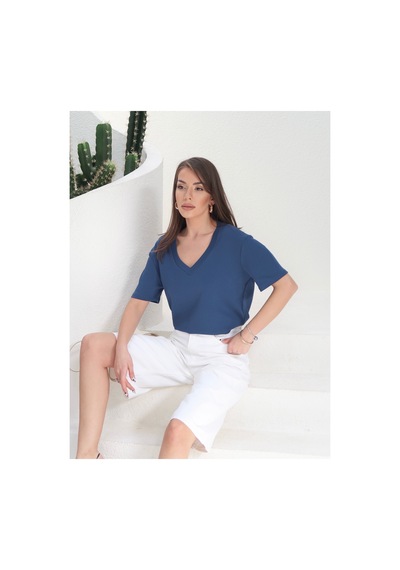 Paw Garage Kadın Massi İnterlok Kumaş V Yaka Oversize T-shirt Mavı