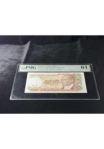 Türk Lirası Pmg 64 Epq Choice Unc Çil 5.000 Lira P 197 1970 Nd 1981 S/n F04 7. Emisyon 3. Tertip Büyük Mevlana