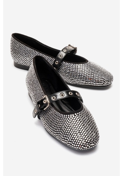 Luvishoes Clıve Siyah Parlak Taş Detaylı Kadın Babet Ayakkabı Siyah