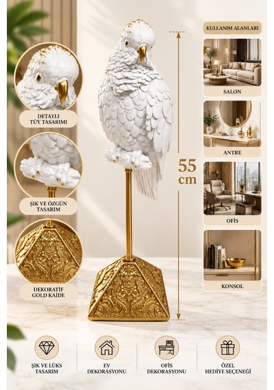 Beyaz Gold Papağan Biblo 55 Cm Dekoratif Salon Ve Ofis Aksesuarı