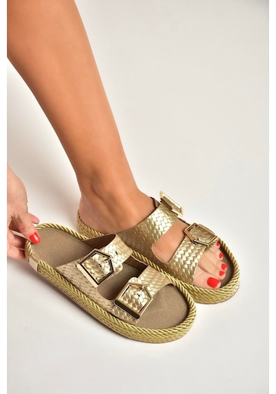 Fox Shoes U596030209 Altın Örgü Görünümlü Kadın Terlik Altın