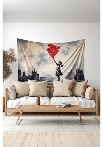 Kırmızı Balonlu Kız Desenli Duvar Halısı Duvar Örtüsü Tapestry Süet Dokulu Kumaş