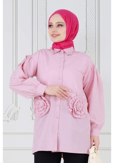 Sevitli Önü Gül Detaylı Tunik-pembe-3635-pembe Pembe