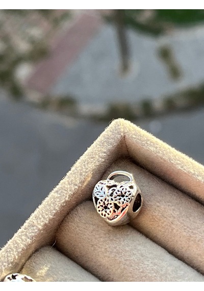 Çiçekli Kalp Kilit Boncuk Charm Gümüş Kaplama