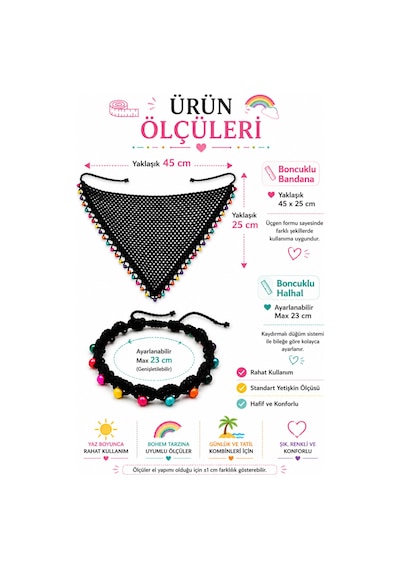 Kadın El Örgüsü Üçgen Bandana Halhal Ayak Bilekliği Hediyeli Bohem Yazlık Saç Bandanası Plaj Tatil Festival Aksesuarı Siyah