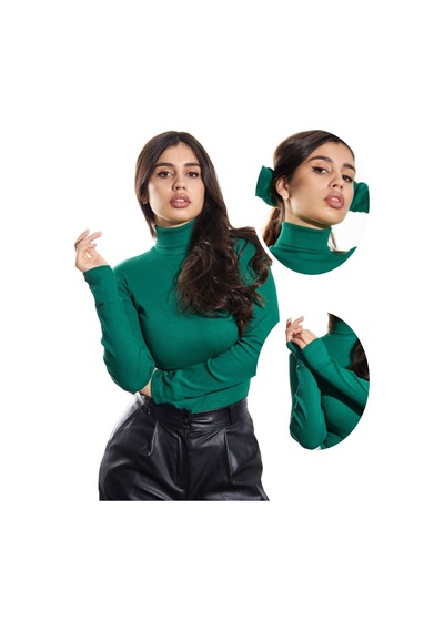 Alya Underwear Kaşkorse Tam Boğazlı Body Sweatshirt, Fitilli Kumaş, Likralı, Gül Kurusu Çimen Yeşili