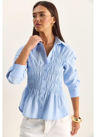 Shade Kadın Asimetrik Büzgü Detaylı Lastikli Bel Formlu Düğmeli Poplin Gömlek 0998 60286161 - Bebe Mavisi