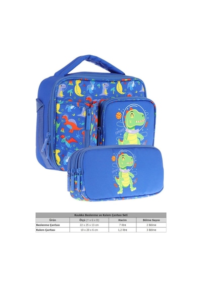 Kaukko Kids Erkek Çocuk Mavi Yeşil Dinazor Baskılı Üç Bölmeli Thermo Beslenme Çantası Ve Kalemlik Seti L7262+l8262 MAvi