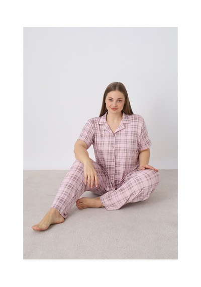Estiva Kadın Kareli Pembe Kısa Kollu Önden Düğmeli Soft Battal Pijama Takımı Çok renkli