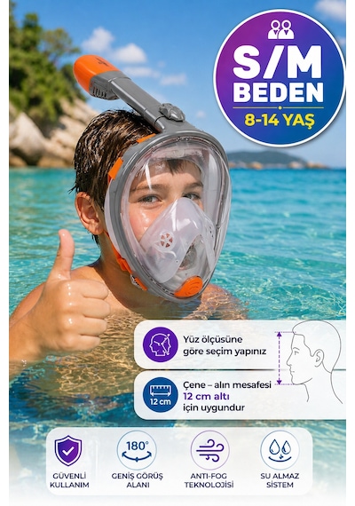 Turuncu Gri Full Face Şnorkel Maske S/m Beden 8-14 Yaş Çocuk Tam Yüz Dalış Seti Katlanabilir