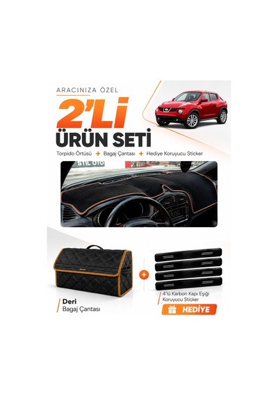 Nissan Juke 2010-2019 Uyumlu Torpido Örtüsü + Deri Bagaj Çantası + Sticker Seti - Siyah Kahverengi