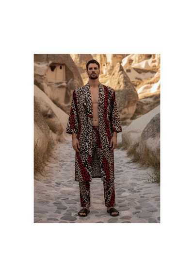 Qmen Style Erkek Kimono Takımı Leopar Desen 3 Lü Viskon Set Bornoz + Pantolon + Şort Bordo