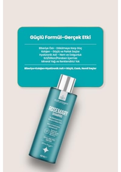 Naturagen Rosemary Dökülme Karşıtı Şampuan 400 Ml Hızlı Uzamaya Yardımcı Biberiye Yağı + Kolajen Peptitleri